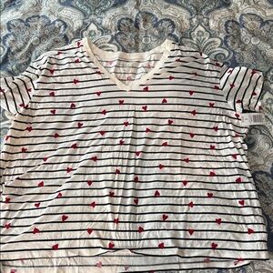 Torrid Black and White Striped Tee with Red hearts